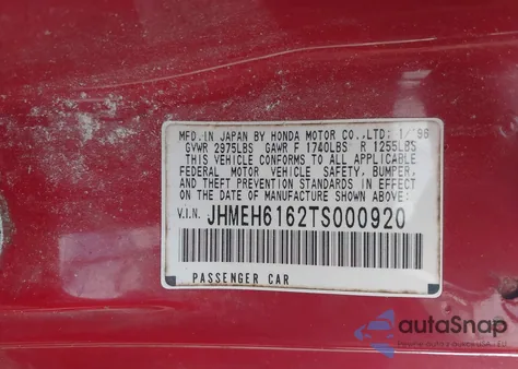 1996 Honda Civic Del Sol Si z USA, uszkodzony, nr VIN JHMEH6162TS000920